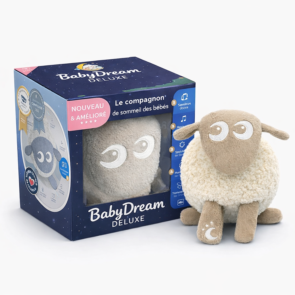 Mouton en peluche BabyDream™ Deluxe de Veltora avec bruit blanc apaisant et capteur de pleurs pour bébé.