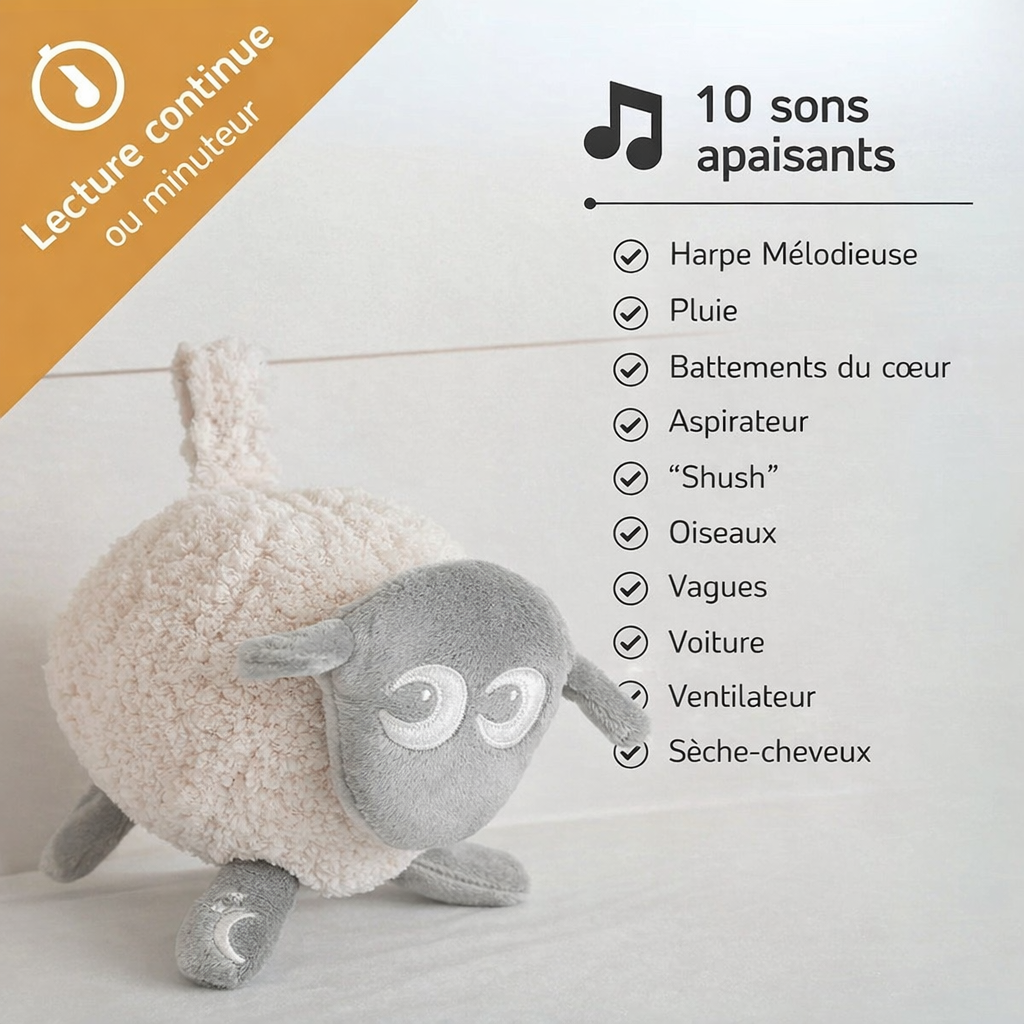 Peluche bébé BabyDream™ Mouton Deluxe Veltora avec bruit blanc apaisant et capteur de pleurs, doux et réconfortant.