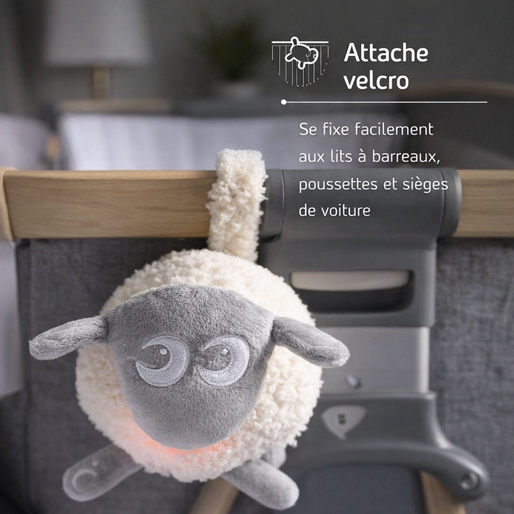Mouton Deluxe BabyDream™ Veltora avec capteur de pleurs et bruit blanc apaisant pour bébé, peluche douce et confortable