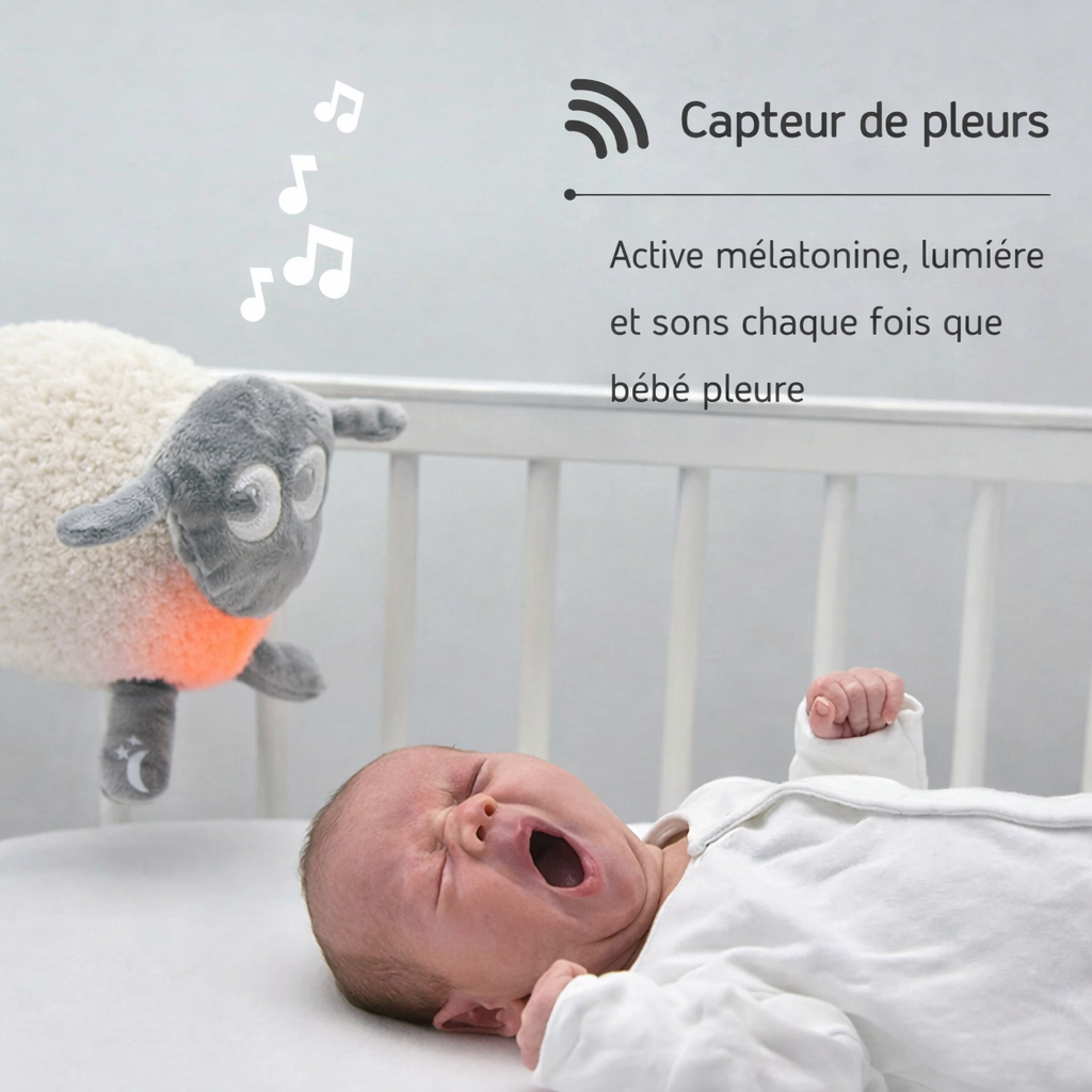 Mouton en peluche BabyDream™ Veltora avec capteur de pleurs et bruit blanc apaisant, conçu pour calmer les bébés.