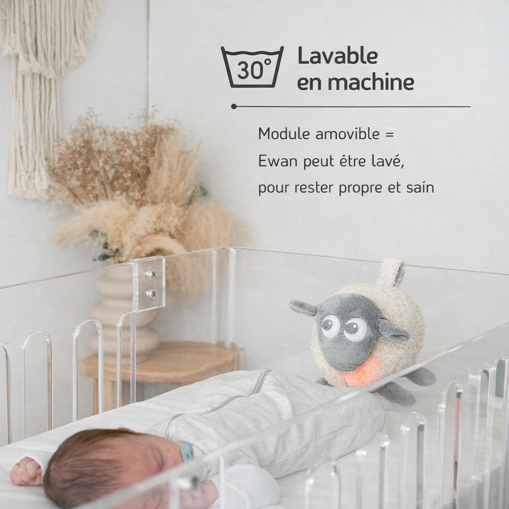 Mouton Deluxe BabyDream™ de Veltora, peluche douce avec capteur de pleurs, bruit blanc apaisant pour bébé.